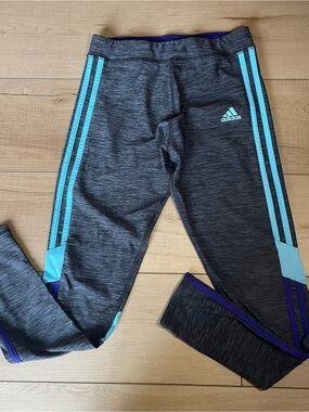 Adidas Girls XL 14/16 Climalite Gray Leggings with Teal Stripes and Purple Trim